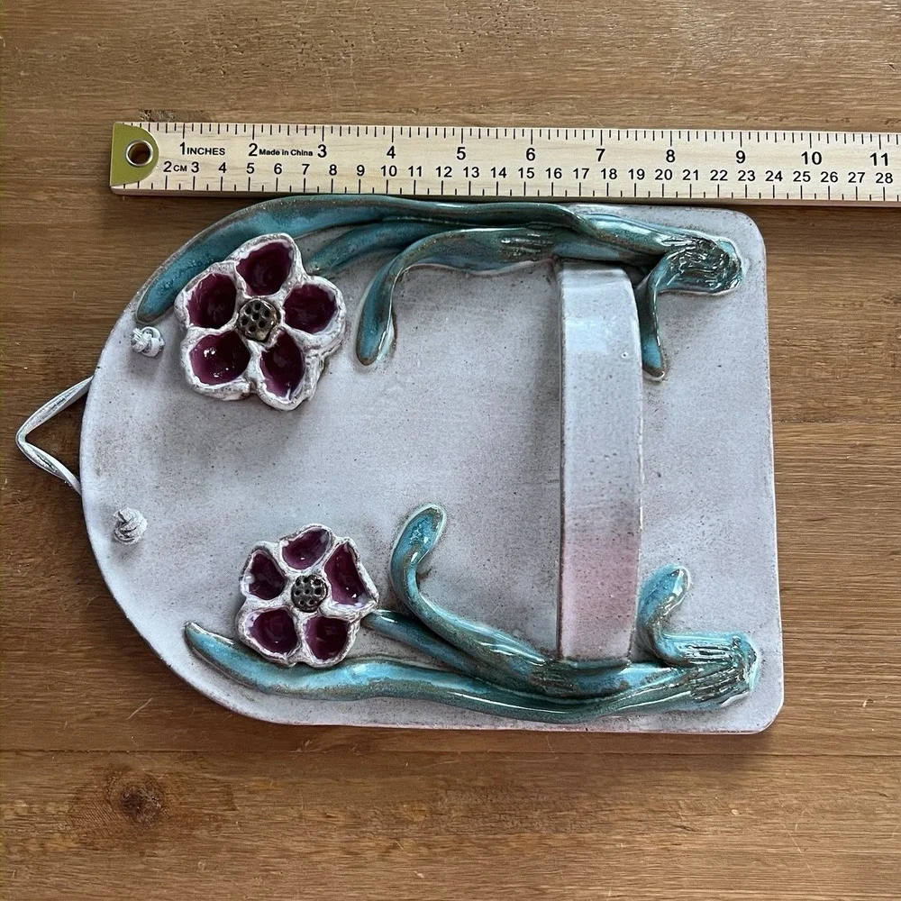 Handmade Studio Clay Art Wall Towel Holder 3D Floral Rack Rustic Artist Signed